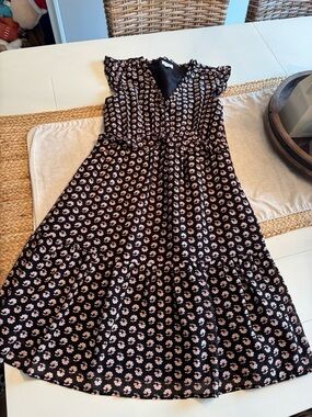 J. Crew Factory Black Midi Dress with Pink Floral Print